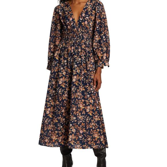 Mille Resort Camille 100% Cotton Smocked Midi Dress Montmarte Floral L - Picture 1 of 10